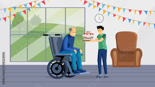 Grandfather birthday celebration flat vector illustration. Happy aged man in wheelchair and boy holding cake cartoon characters. Grandson congratulating granddad with anniversary, elderly care