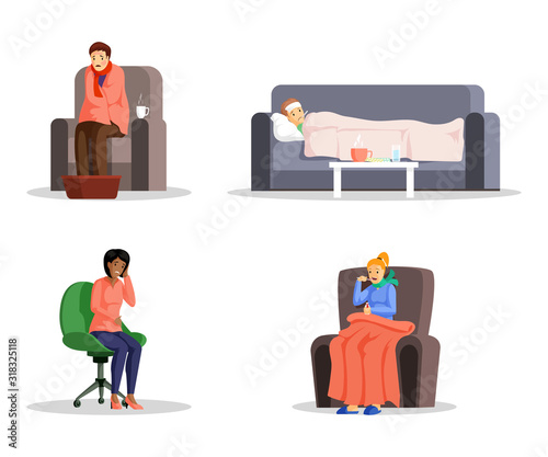 Sick people flat vector illustrations set. Young men and women with cold, fever and headache cartoon characters. Flu virus, disease home and medical treatment, healthcare design elements