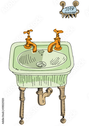 Vintage wash basin and other sanitary equipment. Cartoon. Caricature.