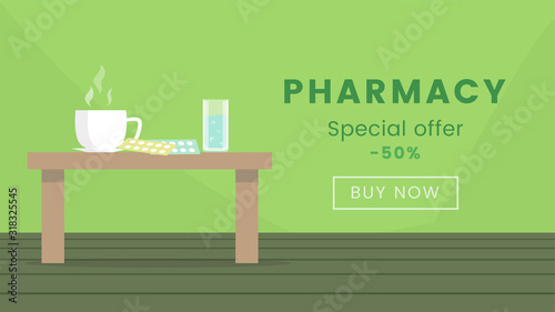 Pharmacy shop web banner vector template. Pharmaceutical products sale, 50 percent discount offer advertising poster concept. Medical supplies, medicaments flat illustration with typography