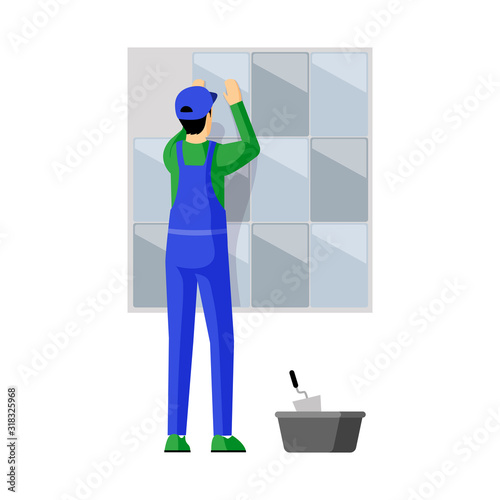 Tile layer at work flat illustration. Professional repairman fixing tiles to wall cartoon character. Skilled workman, handyman, construction work specialist decorating vertical interior surfaces