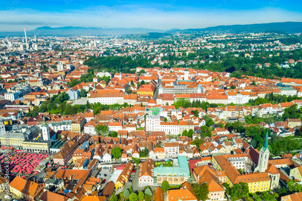 Aerial view of Zagreb, capital of Croatia, city center and Upper town, urban landscape