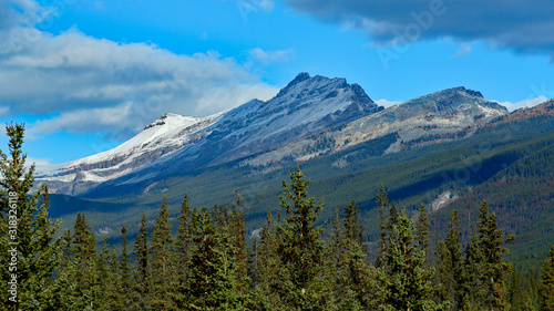 Mountain near Banff national park with trees, clouds and blue sky