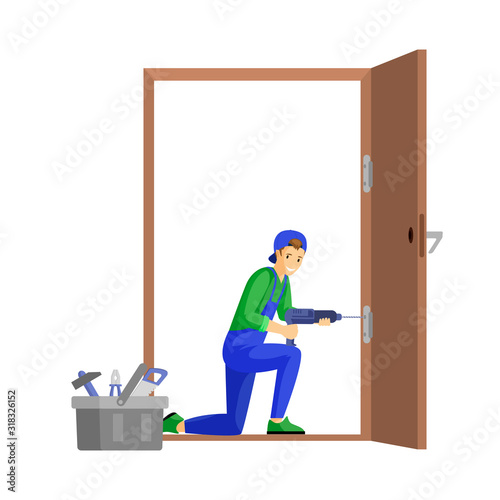 Repairman fixing door flat vector illustration. Professional workman fitting door hinge using electric drill cartoon character. Young carpenter, craftsman at work isolated on white background