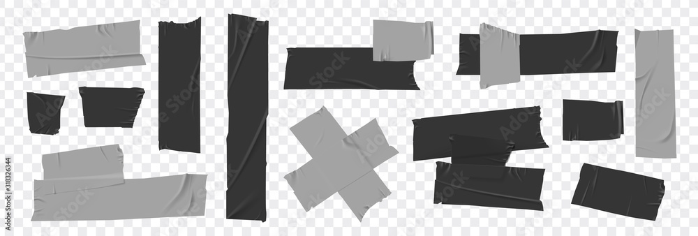 Set masking tape. Torn tape. Vector realistic black adhesive and grey masking tape pieces. Isolated vector illustration