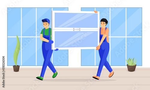 Window replacement service flat vector illustration. Cheerful couriers carrying new windowpane cartoon characters. Builders, installation experts bringing window glass pane to apartment