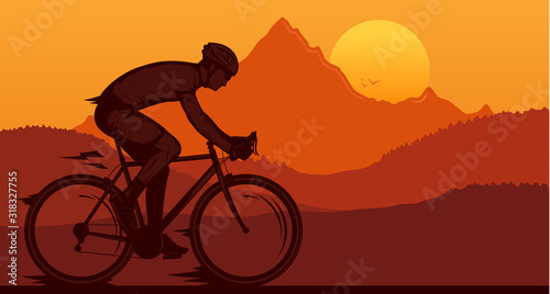Vector biking illustration with a cyclist on a sportbike on a mountain road © Vlad Klok