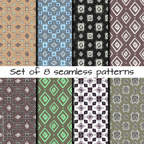 Set of 8 seamless patterns in ethnic style. Boho ornament. Tribal art print, background for fabric design, wallpaper, wrapping.