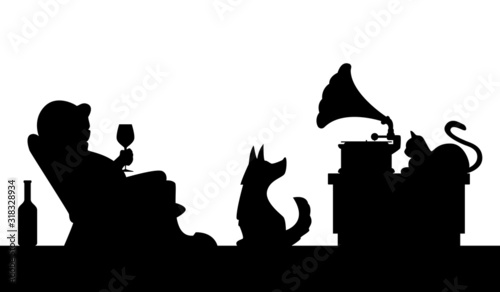 cartoon illustration - man with a glass of wine in a chair listens to music from a phonograph, sitting near a cat and dog / black silhouette on white background, individual objects on separate layers