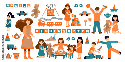 Vector set kindergarten, children play and nanny. Illustration designer for kindergarten, toy store, baby-sitter, school. Collection of people and objects isolated on white background