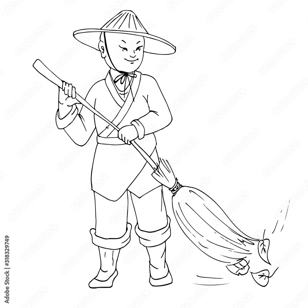 janitor sweeps the leaves in autumn. China. Pastiche. Vector janitor sweeps the leaves in autumn. China. Pastiche. Vector