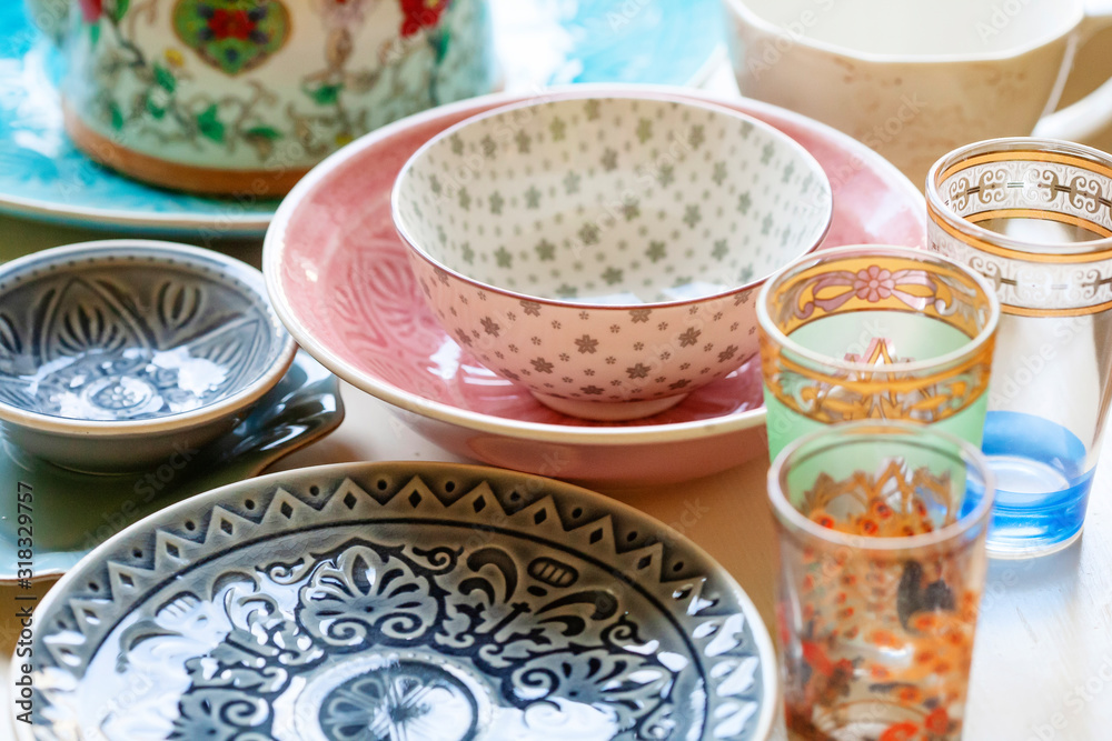 Collection of decorative tableware on the table Collection of decorative tableware on the table