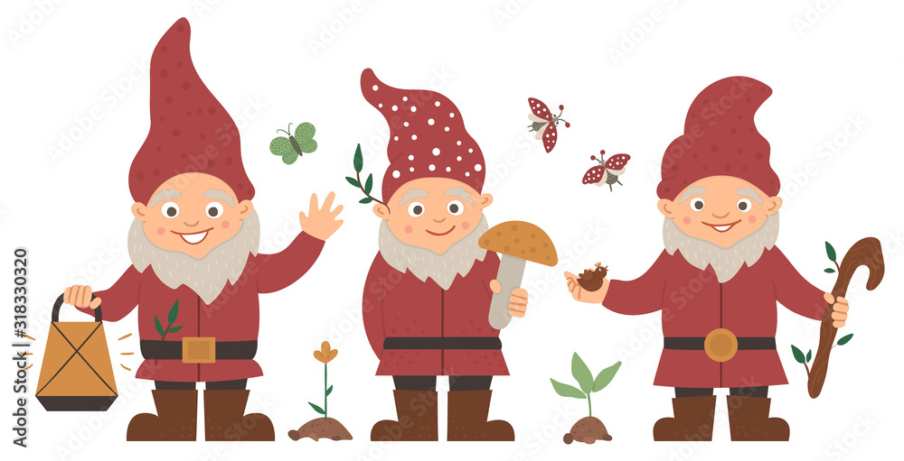 Vector set of cute garden gnomes. Funny dwarves with lantern, bird, mushroom isolated on white background. Traditional gardening leprechaun sculpture.. Vector set of cute garden gnomes. Funny dwarves with lantern, bird, mushroom isolated on white background. Traditional gardening leprechaun sculpture..