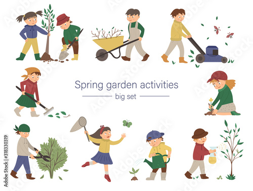 Vector set of children doing garden work. Spring collection of kids with gardening tools. Young gardeners planting tree, watering plants, raking, catching butterfly..