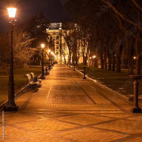 Night winter city park with row of lanters and benches. Park path in perspective. Copy space.