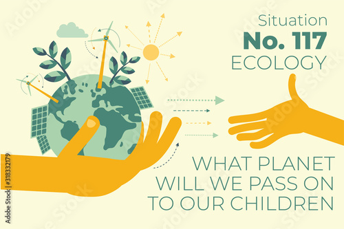 Ecological illustration. In hands of man planet Earth.  Alternative types of energy. Modern eco friendly technologies, solar battery, wind generator, Eco city, waste disposal. ECO activist. Green. 