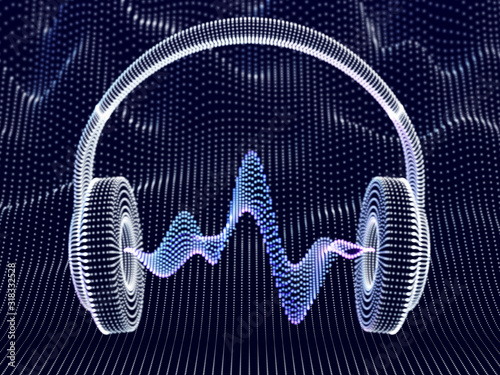 3D headphone with sound waves on dark background. Abstract visualization of digital sound and modern art. Concept of electronic music listening. Digital audio equipment. EPS 10 vector illustration.