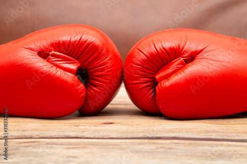 Boxing red gloves. Close up. Concept for a Boxing fight.