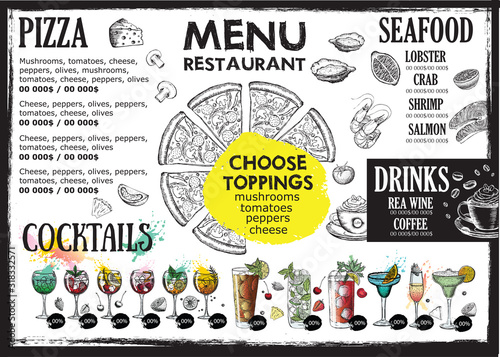 Menu restaurant brochure. Template design. Food flyer. Alcoholic cocktails sketch. Нand drawn illustrations.