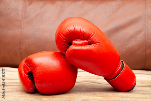 Boxing red gloves. Close up. Concept for a Boxing fight. © Александр Поташев