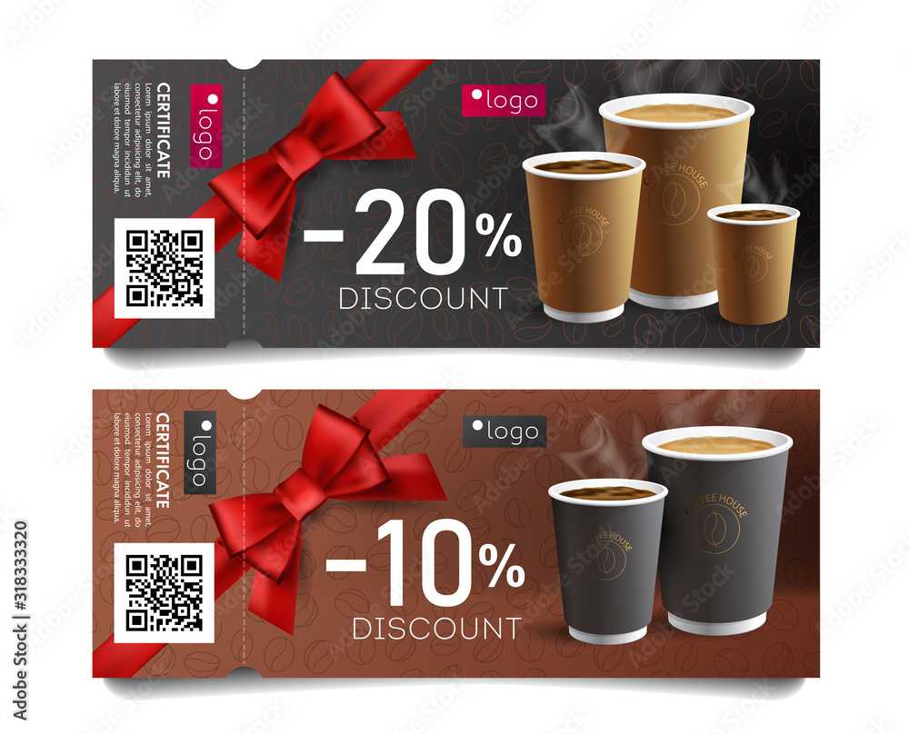 Discount card or voucher template design for cafe with coffee cups illustrations and red gift bow Stock Vector Adobe Stock