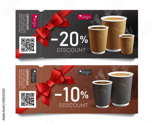 Discount card or voucher template design for cafe with coffee cups illustrations and red gift bow