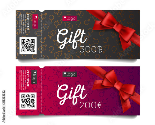Gift voucher certificate with red bow and gender pattern of male and female symbols
