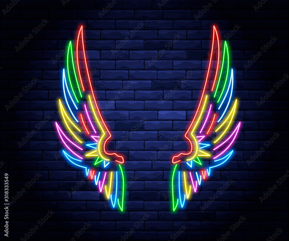 Colorful illuminated neon angel wings - obrazy, fototapety, plakaty 