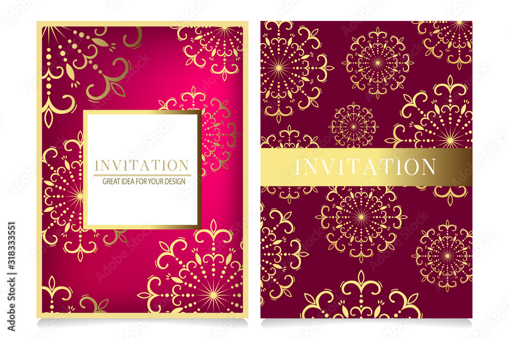 Beautiful hand drawn invitation card set with copy space for your text. Decorative openwork vector gold snowflakes for design on a pink and claret (cherry) background. 