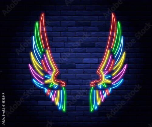 Colorful illuminated neon angel wings