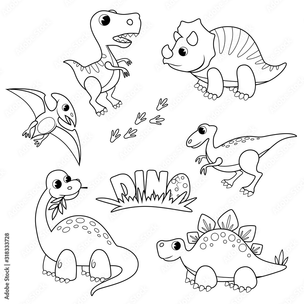 Set of cartoon dinosaurs. Cute dino. Black and white vector illustration for coloring book Set of cartoon dinosaurs. Cute dino. Black and white vector illustration for coloring book