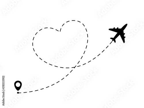 Airplane line path in heart form. Romantic and love travel concept