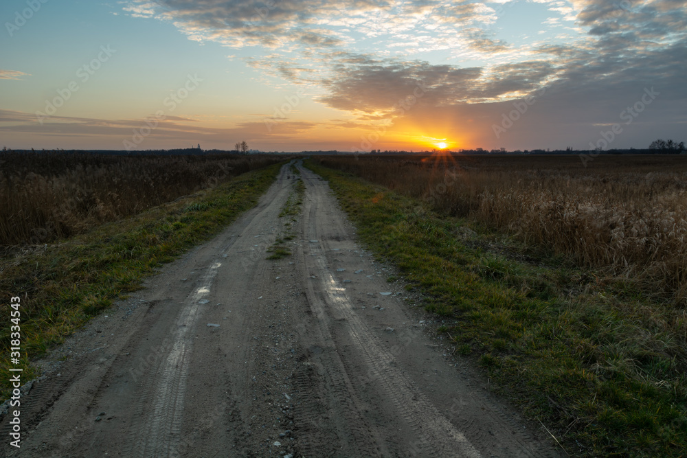 Straight and long dirt road and sunset, Srebrzyszcze, Poland
