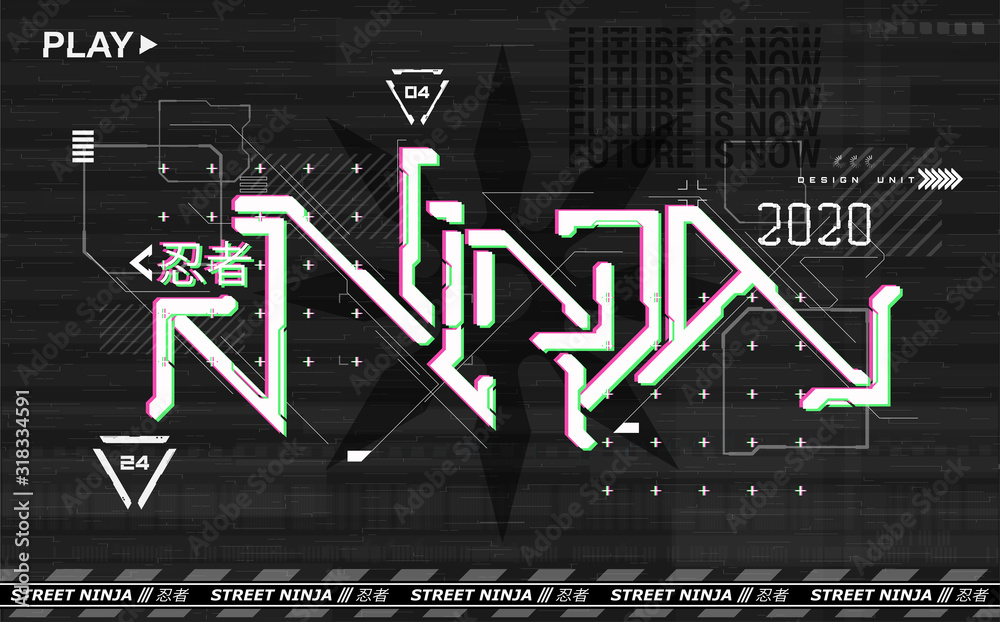 Retrofuturistic Ninja lettering design for t-shirt and merch. Vaporwave ...