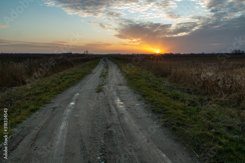 Straight and long dirt road and sunset  Srebrzyszcze  Poland