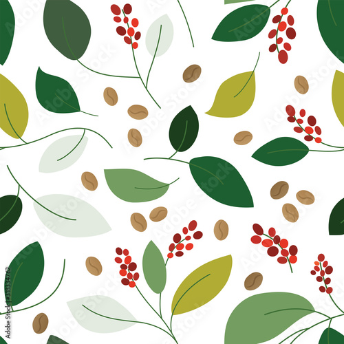 Seamless pattern with roasted coffee beans and branch of plant with leaves and berry. Background illustration for specialty coffee house or shop. Can use for textile, package, paper, flyer, wrapping. 