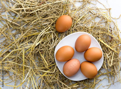 Obraz na płótnie Brown chicken eggs in a dish on a straw, isolated on a white background. w salonie