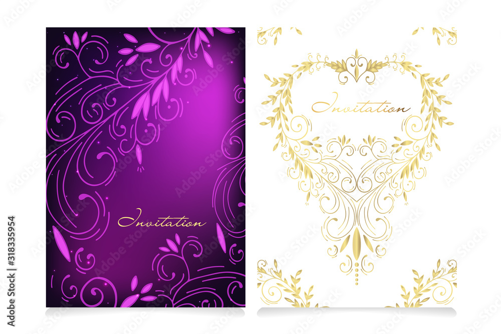 Beautiful invitation card set with copy space for your text. Openwork hand drawn vector gold heart with the stars. Celebration banner (poster) for design on a dark purple and white background.