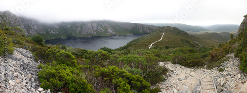 Top view of the deep blue color Crater Lake in the Cradle mountain of Tasmania, Australia photo