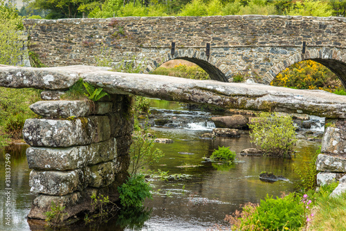 Medieval clapper bridge in Dartmoor, England, UK