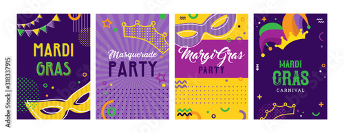 Mardi Gras party greeting card set or invitations. Carnival background for traditional holiday or festival with masks and traditional items