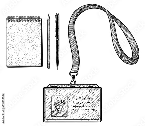 Plastic badges, notepad and pen illustration, drawing, engraving, ink, line art, vector