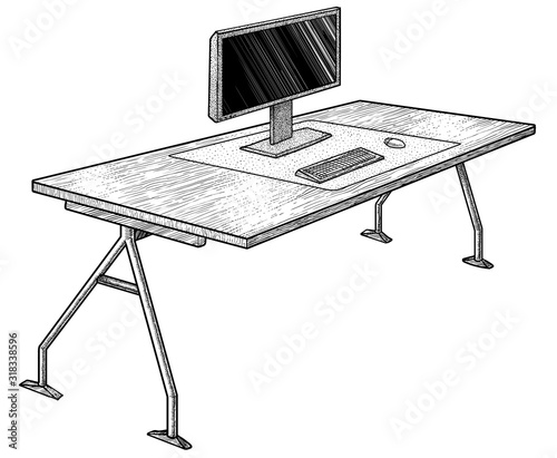 Office desk with computer illustration, drawing, engraving, ink, line art, vector