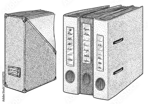 Office binder and file holder illustration, drawing, engraving, ink, line art, vector