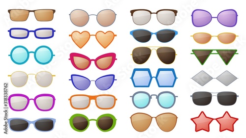 Sunglasses silhouettes. Colorful fashion protective eyewear in various styles, trendy glamour spectacles with reflection vector set