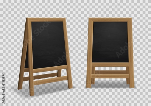 Menu announcement board. Realistic black wooden easel, sidewalk stand, restaurant board different angles for street menu isolated vector mockup