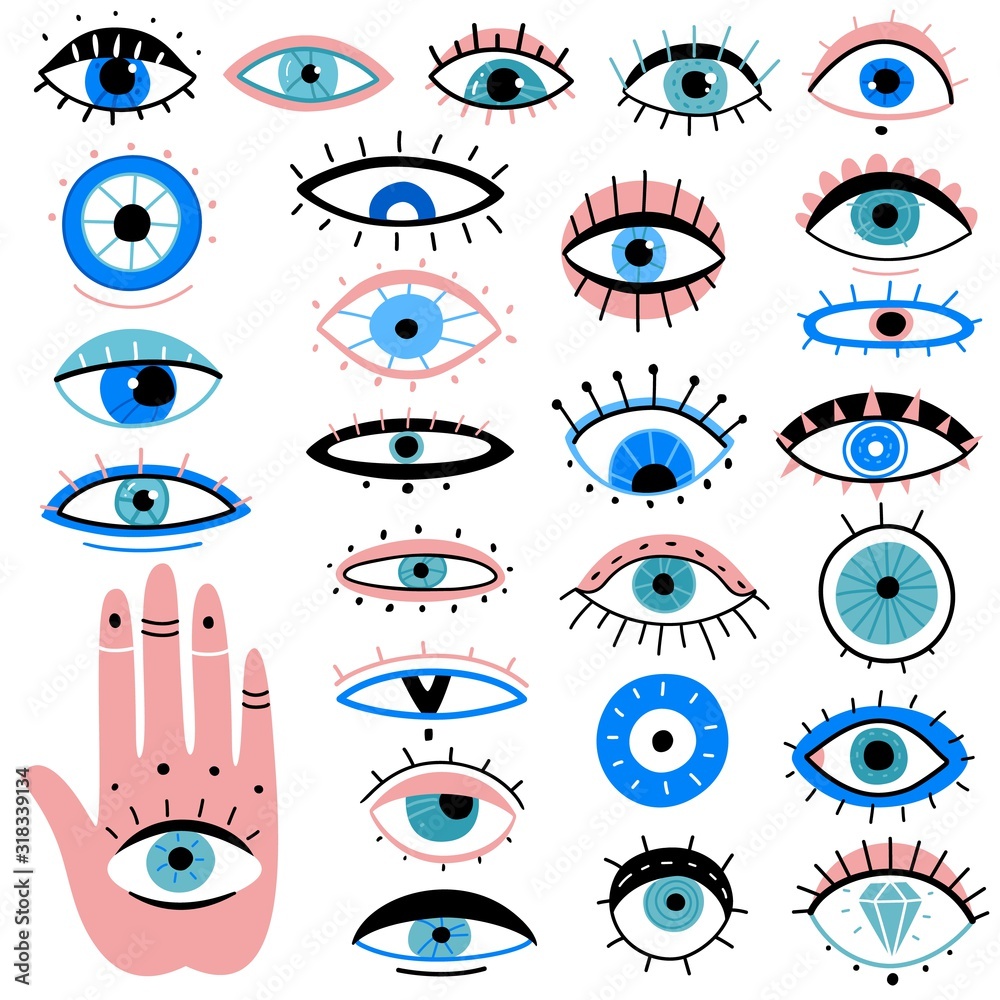 Evil eyes. Hand drawn various talismans, different shapes mystic elements,  luck occult amulet, magic alchemy sketch eye tattoo vector symbols Stock  Vector | Adobe Stock