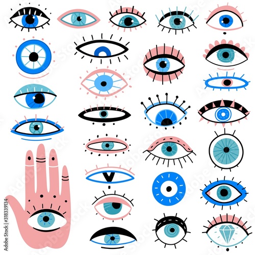 Evil eyes. Hand drawn various talismans, different shapes mystic elements, luck occult amulet, magic alchemy sketch eye tattoo vector symbols