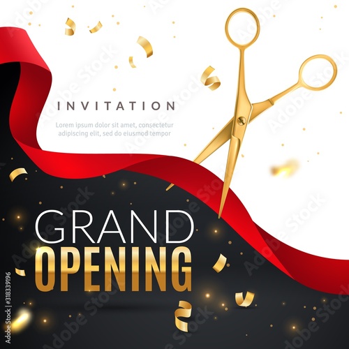 Grand opening. Golden confetti and scissors cutting red silk ribbon, inauguration ceremony banner, opening celebration vector poster photo
