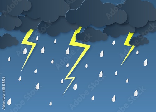 Rain thunder lightning paper cut. Rainy season, heavy rain falling water drops. Cloudy sky and flash, storm weather origami vector background